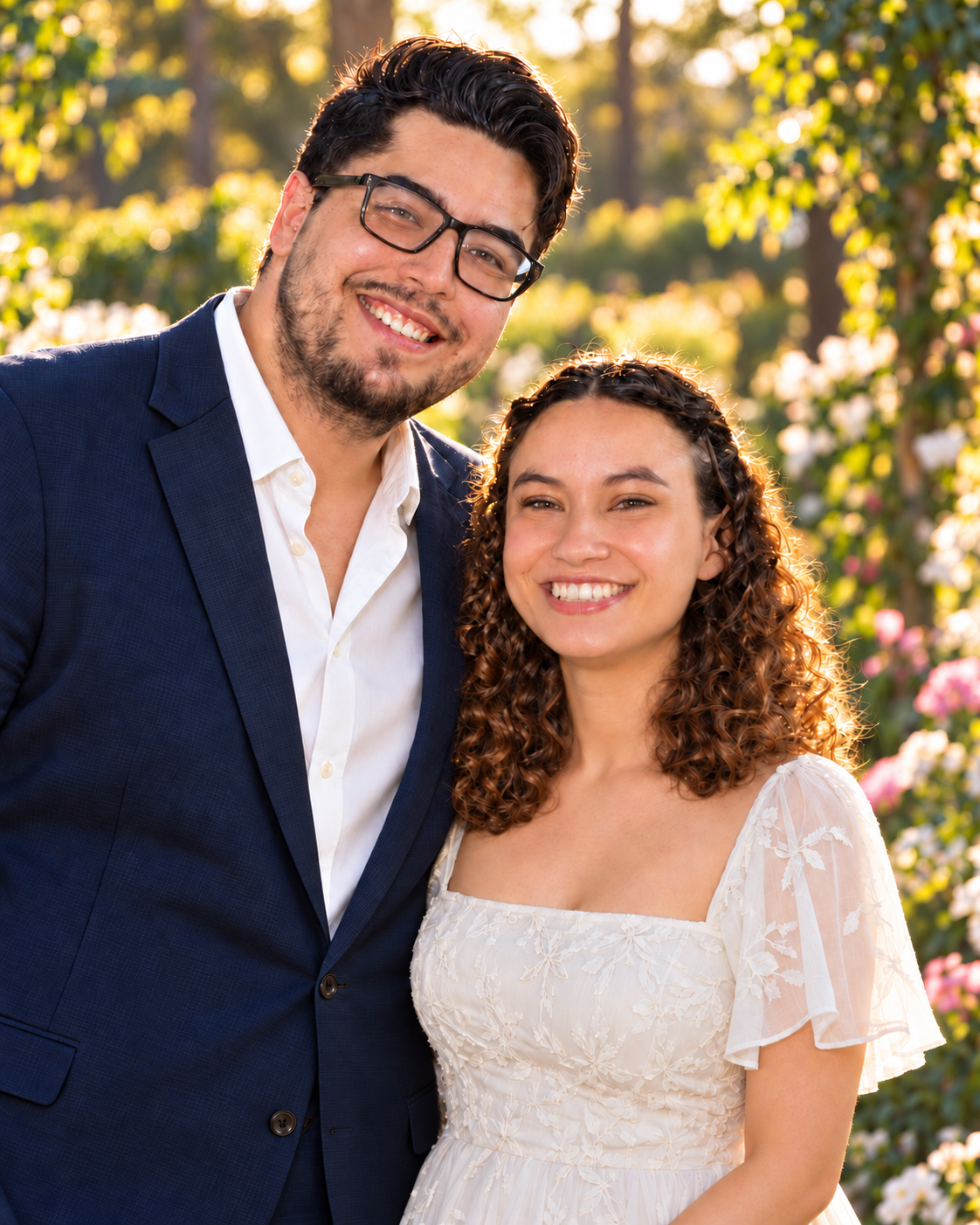 Angela e Marcos sorrindo juntos em um jardim.