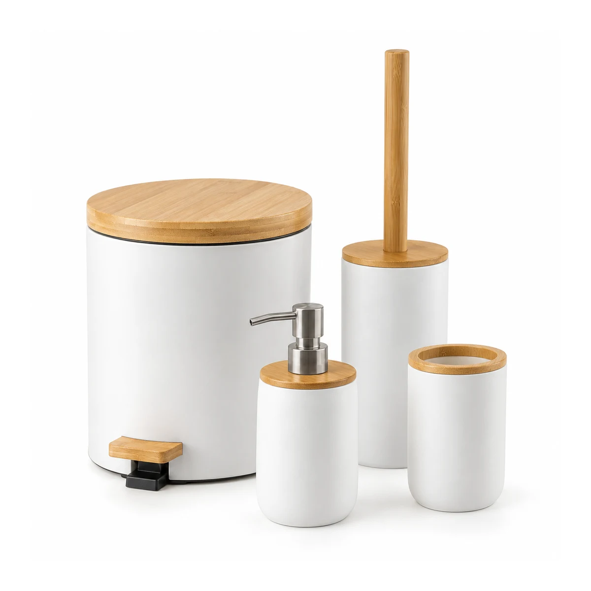 Lixeira, escova sanitária, Porta‑sabonete/dispensers, porta‑escovas